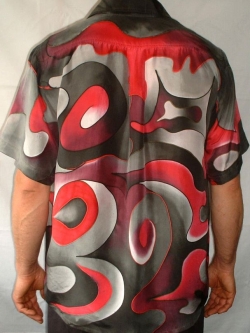 Red black and white swirl design custom dyed silk Hawaiian shirt