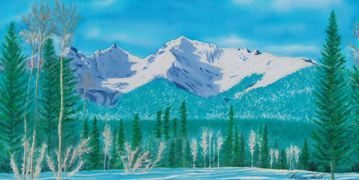 Snow covered mountain in British Columbia with trees in foreground hand painted on silk